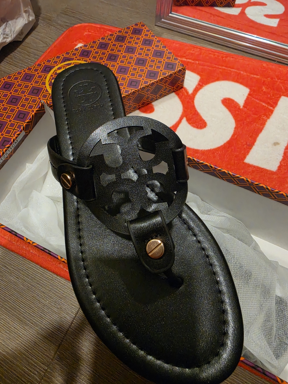 Black Leather Logo Thong Sandal with Gold Accents